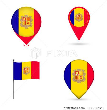 Andorra Flag Map Pin Icons Set Collection. Andorra Flag Map Pin Icons Set Collection. 143577346