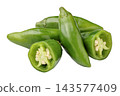 Transparent background image of three bell peppers and a bell pepper cut in half. 143577409