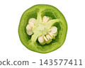 A transparent background image of a cross-section of a green bell pepper cut in half and viewed from directly above. 143577411