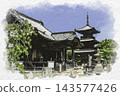 Watercolor-style painting of the grounds of Yokeiji Temple, Setouchi City, Okayama Prefecture. 143577426