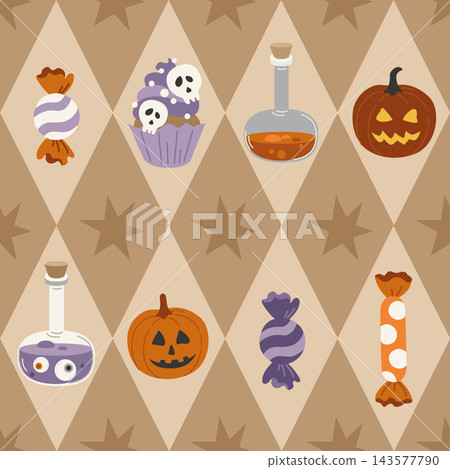 Halloween geometric seamless pattern with rhombs, trick-or-treat sweet, spooky cupcake, witch potion and Jack-o-lantern pumpkin for packaging, background, wrapping paper Halloween geometric seamless pattern with rhombs, trick-or-treat sweet, spooky cupcake, witch potion and Jack-o-lantern pumpkin for packaging, background, wrapping paper 143577790