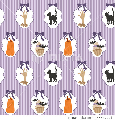 Halloween seamless pattern with stripes and frames, Jack-o-lantern pumpkin, cupcake, black cat and zombie hand for packaging, background, wrapping paper 143577791