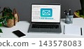 New Email Message Notification On Laptop Screen, Computer Standing On Desk At Workplace In Modern Office. E-Mail Letter, Online Business Communication Background, No People. Panorama 143578083