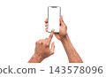 Man using blank touchscreen of smartphone, pushing button, isolated on white background, copy space 143578096