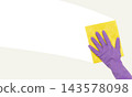 Woman's hand in rubber protective glove wiping white wall from dust with dry rag. Cleaning service or regular clean up concept 143578098