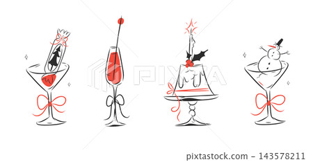 Vintage Christmas Cocktail Vector Set with Snowman, Festive Candle, Cherry Drink and Retro Holiday Glasses, Nostalgic Christmas Party Clipart, Hand Drawn Black and Red Illustrations Vintage Christmas Cocktail Vector Set with Snowman, Festive Candle, Cherry Drink and Retro Holiday Glasses, Nostalgic Christmas Party Clipart, Hand Drawn Black and Red Illustrations 143578211