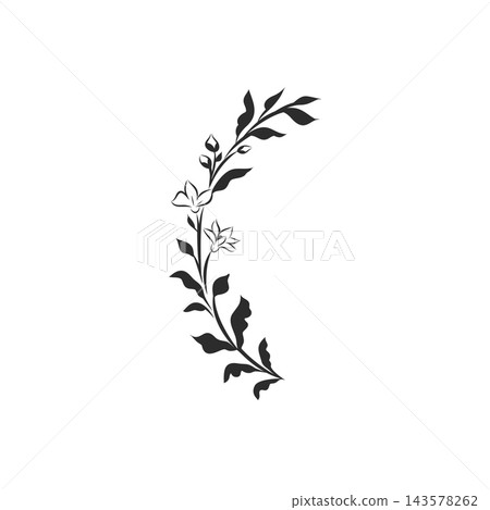 Vintage Botanical Floral Branch Ornament, Elegant Art Nouveau Flower and Leaf Flourish, Gothic Victorian Black Vector Illustration for Luxury Branding, Wedding Invitations and Decorative Borders 143578262