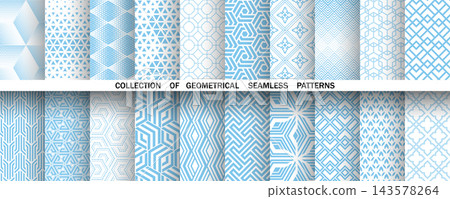 Geometric set of seamless blue and white patterns. Simple vector graphics Geometric set of seamless blue and white patterns. Simple vector graphics 143578264
