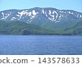 A flock of slender-billed shearwaters soars over the sea in the Nemuro Strait off the coast of the Shiretoko Peninsula in Hokkaido, with the Shiretoko mountain range in the background. 143578633