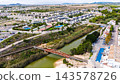 Aerial view of footbridge over river in Mil Palmeras Spain 143578726