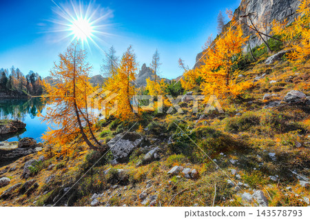 Amazing autumn view of Lake Federa at sunrise with majestic rocky mount and colorful trees glowing sunlight in Dolomites Amazing autumn view of Lake Federa at sunrise with majestic rocky mount and colorful trees glowing sunlight in Dolomites 143578793
