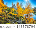Amazing autumn view of  Lake Federa  at sunrise with majestic rocky mount and colorful trees glowing sunlight in Dolomites 143578794