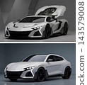 Supercar with Open Engine Cover and Sport SUV 3D Render 143579008