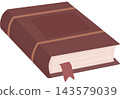 A thick brown hardcover book with cream pages and a red ribbon bookmark. 143579039
