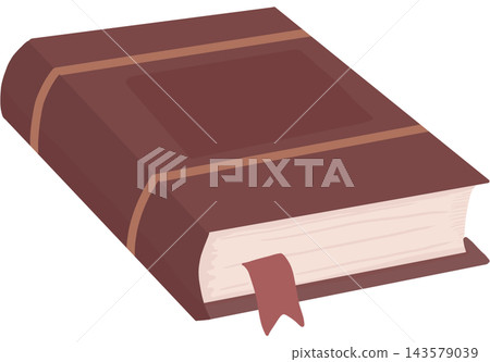 A thick brown hardcover book with cream pages and a red ribbon bookmark. A thick brown hardcover book with cream pages and a red ribbon bookmark. 143579039