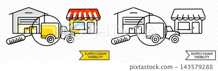 Green logistics and supply chain visibility vector concept. Flat illustration of a tracking system monitoring a delivery truck moving cargo boxes from a warehouse terminal to a retail shop Green logistics and supply chain visibility vector concept. Flat illustration of a tracking system monitoring a delivery truck moving cargo boxes from a warehouse terminal to a retail shop 143579288