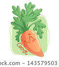Cute hand-drawn vector carrot character with handwritten text. Kawaii style, orange and green palette, outline. Perfect for social media, merch, web design, posters. Vector illustration 143579503