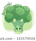 Cute hand-drawn broccoli mascot in kawaii cartoon style. Smiling green vegetable with outline, blush and text. Vector illustration for kids poster, vegan menu, sticker, web design 143579504