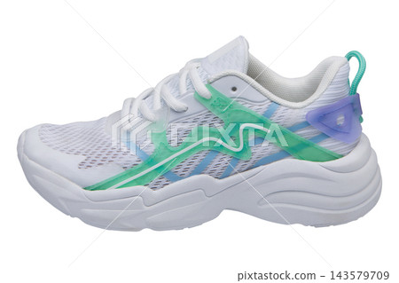 White mesh sneaker with green and purple translucent overlays isolated on white background White mesh sneaker with green and purple translucent overlays isolated on white background 143579709
