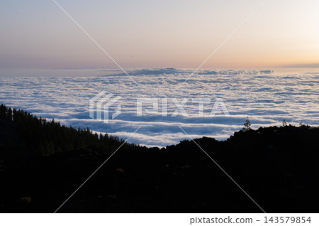 Pine forest edge above a rolling sea of clouds. The edge of the pine forest runs above a rolling sea of clouds at sunset in Teide National Park. Altitude and quiet for slow travel and mindful escape Pine forest edge above a rolling sea of clouds. The edge of the pine forest runs above a rolling sea of clouds at sunset in Teide National Park. Altitude and quiet for slow travel and mindful escape 143579854