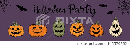 Creepy spooky pumpkins with faces. Halloween border, banner template with spider web, bats and pumpkin. Decorative artwork for autumn party, vector template 143579862