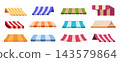 Counter awning. Different striped canopy for street market stalls. Isolated awnings, cartoon style design. Elements of store or shop, counters, vector set 143579864