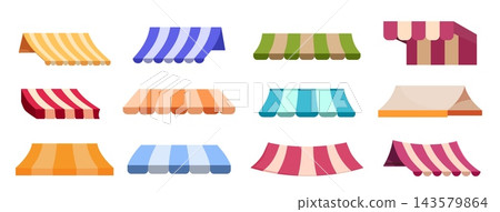 Counter awning. Different striped canopy for street market stalls. Isolated awnings, cartoon style design. Elements of store or shop, counters, vector set Counter awning. Different striped canopy for street market stalls. Isolated awnings, cartoon style design. Elements of store or shop, counters, vector set 143579864