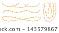 Christmas garlands. Seasonal interior and exterior decorations with yellow lamps. Simple beaded ropes. Winter decor for home, xmas tree, fence, vector elements 143579867