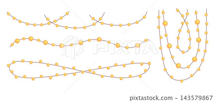 Christmas garlands. Seasonal interior and exterior decorations with yellow lamps. Simple beaded ropes. Winter decor for home, xmas tree, fence, vector elements Christmas garlands. Seasonal interior and exterior decorations with yellow lamps. Simple beaded ropes. Winter decor for home, xmas tree, fence, vector elements 143579867