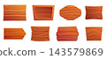Cartoon wooden billboards. Wood signs for advertising, posters, info banners. Decorative natural panels for game design. Stylish rustic vintage vector elements 143579869