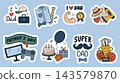 Trendy fathers day stickers design. Labels for dads with trophy, clothes, watch, suitcake, digital elements. Birthday and business style sticker, vector set 143579870