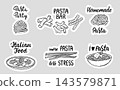 Stylish pasta stickers. Italian food, different pasta and meals. Mediterranean cuisine, fresh salad, tasty meal. Restaurant, cafe labels, vector set 143579871