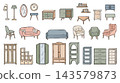 Living room furniture. Isolated sofa, wardrobe, shelf, armchair, table, mirror in frame, lamps. Waiting room or office zone, home interior design, vector set 143579873