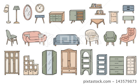 Living room furniture. Isolated sofa, wardrobe, shelf, armchair, table, mirror in frame, lamps. Waiting room or office zone, home interior design, vector set Living room furniture. Isolated sofa, wardrobe, shelf, armchair, table, mirror in frame, lamps. Waiting room or office zone, home interior design, vector set 143579873