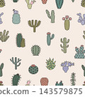 Green succulents seamless pattern. Cactus with flowers, succulent, blooming green desert plants. Decorative print for fabric, wrapping, vector background 143579875