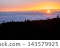 Sun sinks toward the cloud line above the Atlantic. The sun sinks toward the cloud line above the Atlantic with two watchers small on the ridge. Shared sunsets for travel wellbeing and connection camp 143579925