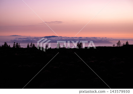 Pink dusk over an ocean of cloud and pine silhouettes. Pink and violet dusk spreads over an ocean of cloud with pine silhouettes on the ridge in Teide National Park. Calm and distance for wellbeing Pink dusk over an ocean of cloud and pine silhouettes. Pink and violet dusk spreads over an ocean of cloud with pine silhouettes on the ridge in Teide National Park. Calm and distance for wellbeing 143579930