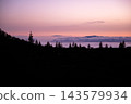 Two figures watch the sunset above the cloud sea. Two small figures stand on the ridge watching the sunset above the cloud sea in Teide National Park. Shared quiet moments for travel wellbeing 143579934