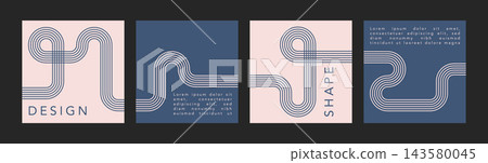 Set of dark blue line geometric shape set. abstract pattern, design line art, trendy style. mid century illustration arch and circle Set of dark blue line geometric shape set. abstract pattern, design line art, trendy style. mid century illustration arch and circle 143580045