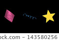 Colorful confetti pieces (squares, tape, stars) on a black background, 4K still image, celebration, victory. 143580256