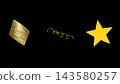 Gold confetti pieces (square, tape, star) on a black background, 4K still image, celebration, victory. 143580257