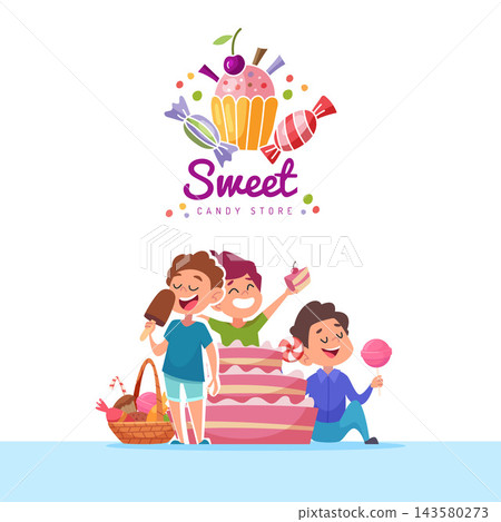 Sweet CANDY STORE logo with happy kids eating cake ice cream and lollipops cartoon vector illustration Sweet CANDY STORE logo with happy kids eating cake ice cream and lollipops cartoon vector illustration 143580273