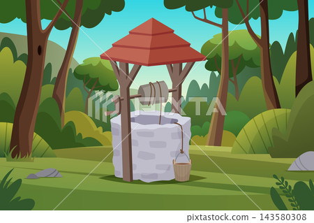 Old stone water well with wooden bucket and rope in green forest clearing cartoon vector background Old stone water well with wooden bucket and rope in green forest clearing cartoon vector background 143580308