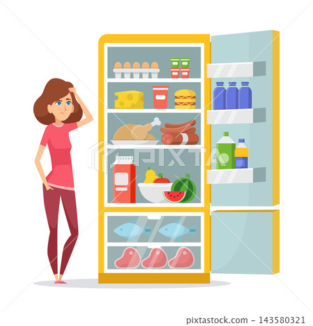 Confused woman looking into open refrigerator full of food cartoon vector illustration Confused woman looking into open refrigerator full of food cartoon vector illustration 143580321