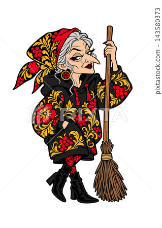 Modern Baba Yaga character in trendy hoodie with traditional Khokhloma ornament, Slavic folklore witch with broomstick vector illustration Modern Baba Yaga character in trendy hoodie with traditional Khokhloma ornament, Slavic folklore witch with broomstick vector illustration 143580373