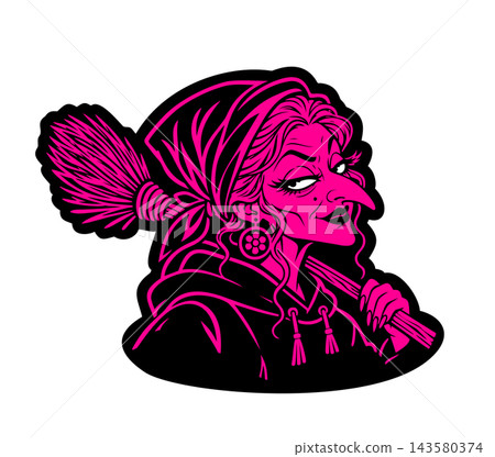 Witch mascot vector illustration. Stylized flat cartoon icon of traditional Slavic folklore witch character with broom. Halloween and fairytale graphic element isolated on white background Witch mascot vector illustration. Stylized flat cartoon icon of traditional Slavic folklore witch character with broom. Halloween and fairytale graphic element isolated on white background 143580374