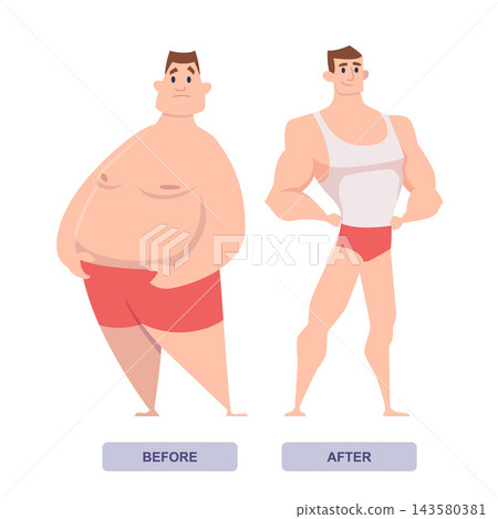 BEFORE and AFTER weight loss man body transformation from fat to muscular cartoon vector illustration BEFORE and AFTER weight loss man body transformation from fat to muscular cartoon vector illustration 143580381