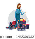 Bearded repairman in overalls with toolboxes and hand tools showing thumb up cartoon vector illustration 143580382