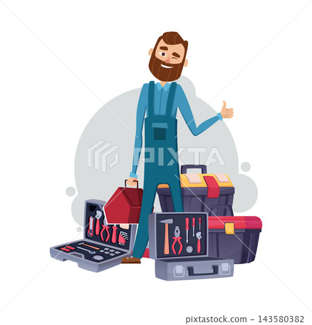 Bearded repairman in overalls with toolboxes and hand tools showing thumb up cartoon vector illustration Bearded repairman in overalls with toolboxes and hand tools showing thumb up cartoon vector illustration 143580382
