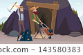 Bearded miners with pickaxe and wheelbarrow of gold ore at mine entrance cartoon vector illustration 143580383